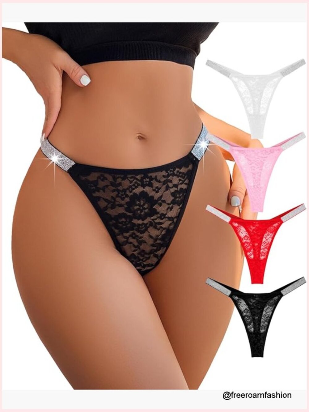 Lace Rhinestone T-Back G-String Thong Underwear Low Waist See Through